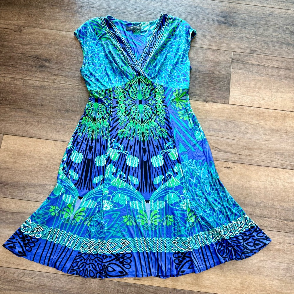 Jones New York Blue & Green Printed Dress